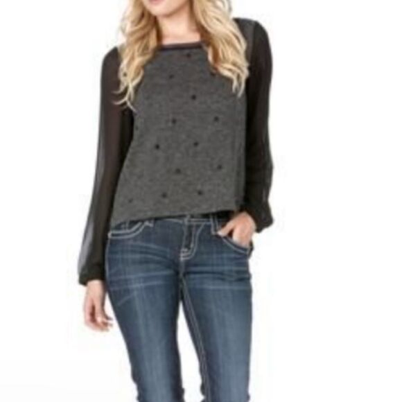 Miss Me Grey Star Embellished Top w/ Sheer Back Paneling - Picture 1 of 7